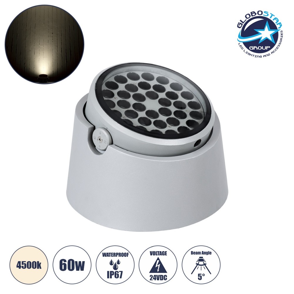 GloboStar® FLOOD-RANA 90492 Κινούμενος Προβολέας - Σποτ Φωτισμού Wall Washer για Φωτισμό Κτιρίων LED 60W 5700lm 5° DC 24V Αδιάβροχο IP67 Φ30 x Υ21cm Φυσικό Λευκό 4500K - Γκρι - 3 Years Warranty